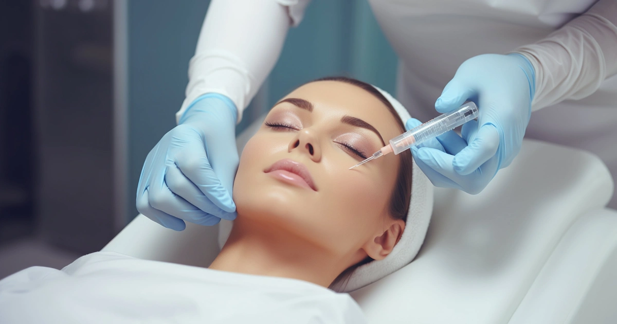 Close-up of a patient receiving an eye-area dermal fillers injection in Severna Park, MD, from a professional in blue gloves.